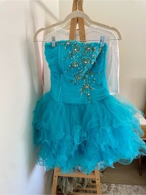 aspeed USA Blue sequin and bead Tulle Corset Boned LaceUp Mini Dress Quinceañera